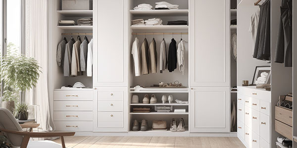 White Walk-In Closet With Clothes and Plant