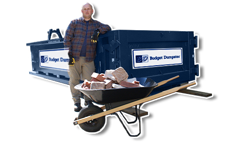 Man With Wheelbarrow Standing Near a Blue Roll Off Dumpster