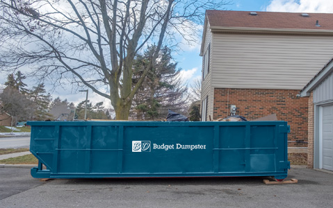 Blue Dumpster Parked in Driveway