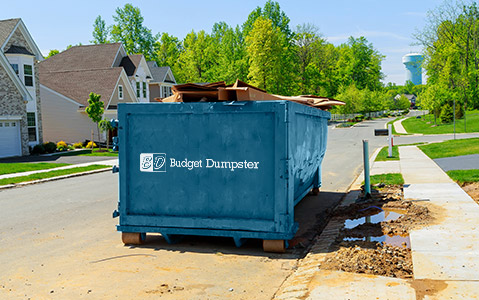 Blue Dumpster Filled With Debris, Parked in Street