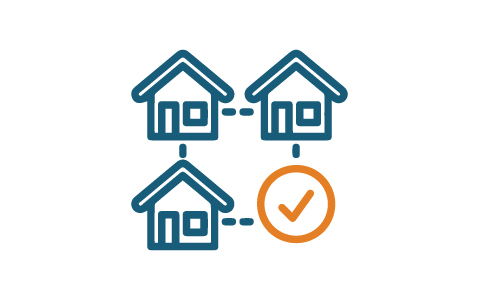 Icon of Three Connected Houses and Orange Checkmark