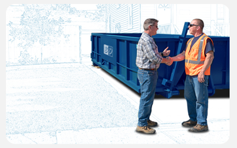 Men Shaking Hands in Front of a Roll Off Dumpster