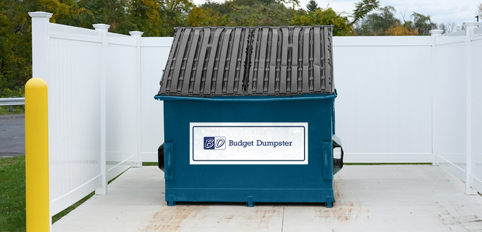 Budget Dumpster Blue Front Load Container in Enclosure