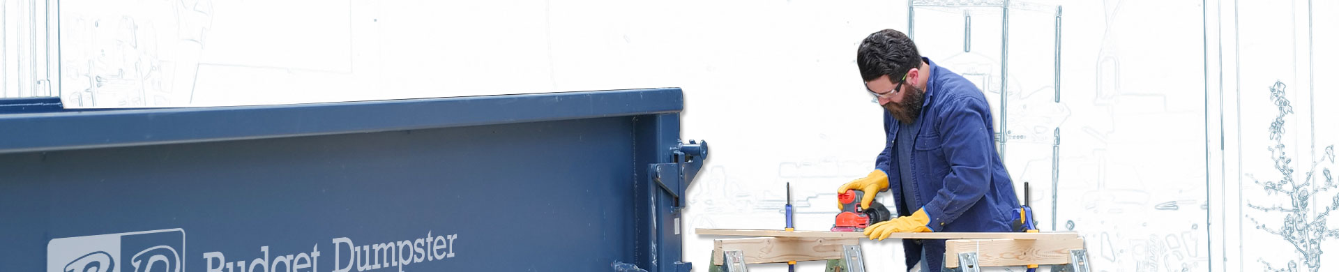 Man Standing Next to a Dumpster Using a Power Saw to Cut Piece of Wood