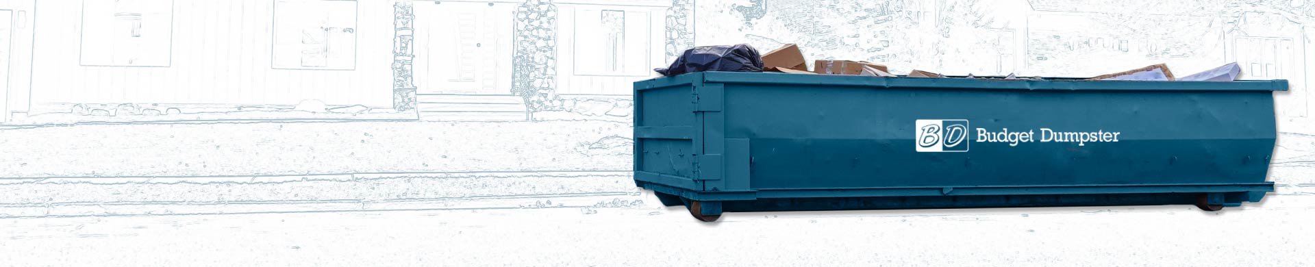 Filled Blue Dumpster With Budget Dumpster Logo