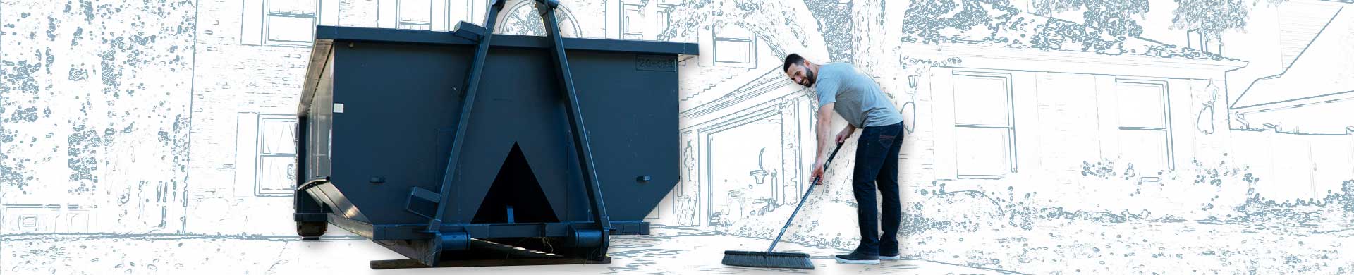 Man Cleaning Up Next to Blue Dumpster