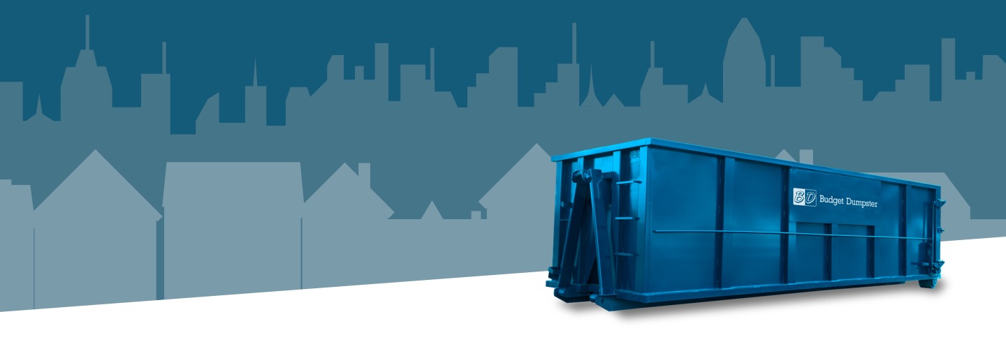 Blue Roll Off Dumpster in Front of Cityscape
