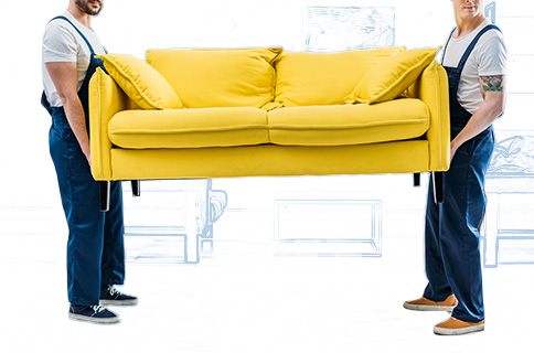 Two Men Carrying a Yellow Couch With Blueprint Background