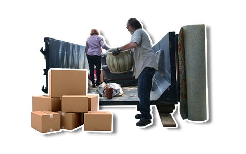 Couple Loading Boxes and Debris Into a Dumpster