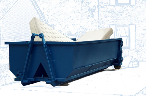 Dumpster Filled With Mattresses on Blueprint Background