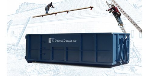 Roofers Working on Roof with Blue Roll Off Dumpster.