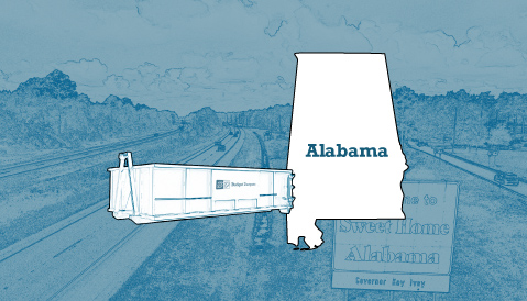Outline of the State of Alabama and a Budget Dumpster Over an Illustrated Landscape Photograph