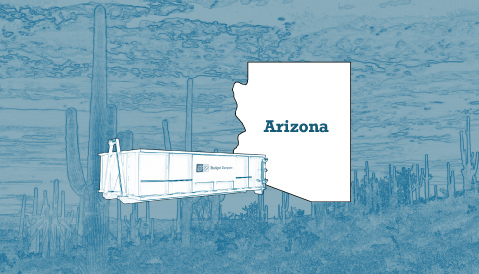 Outline of the State of Arizona and a Budget Dumpster Over an Illustrated Photograph of a Desert Landscape