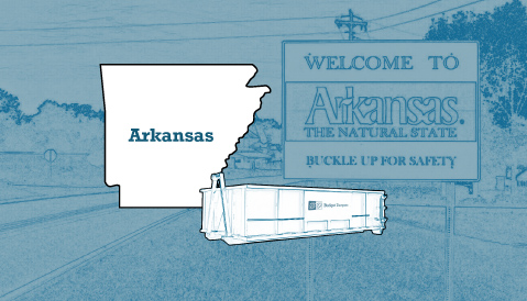 Outline of the State of Arkansas and a Budget Dumpster Over an Illustrated Photograph of an Arkansas Highway