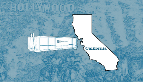 Outline of the State of California and a Budget Dumpster Over an Illustrated Photograph of the Hollywood Sign