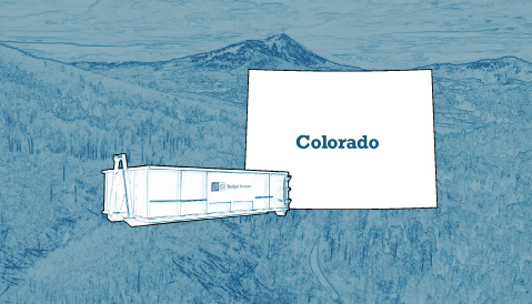 Outline of the State of Colorado and a Budget Dumpster Over an Illustrated Landscape Photograph