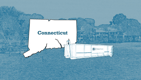 Outline of the State of Connecticut and a Budget Dumpster Over an Illustrated Landscape Photograph