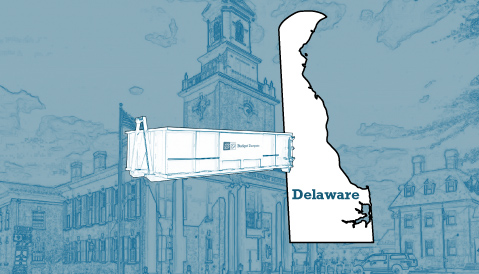 Outline of the State of Delaware and a Budget Dumpster Over an Illustrated Historic Building