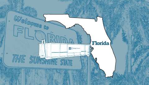 Outline of the State of Florida and a Budget Dumpster Over an Illustrated Photograph of a Florida Highway