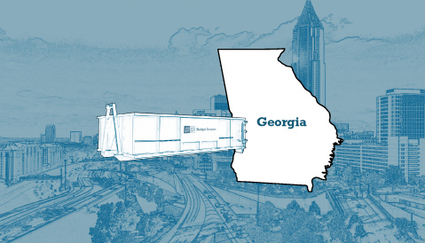 Outline of the State of Georgia and a Budget Dumpster Over an Illustrated Cityscape