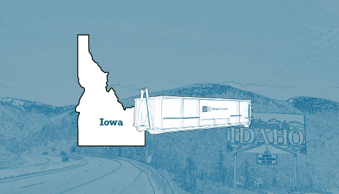 Outline of the State of Idaho and a Budget Dumpster Over an Illustrated Photograph of an Idaho Highway