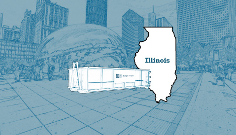 Outline of the State of Illinois and a Budget Dumpster Over an Illustrated Cityscape