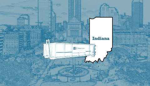 Outline of the State of Indiana and a Budget Dumpster Over an Illustrated Cityscape