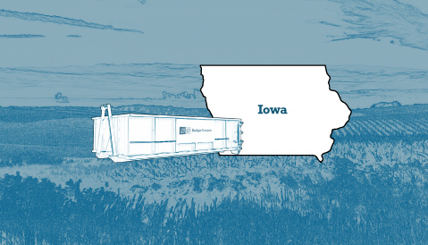 Outline of the State of Iowa and a Budget Dumpster Over an Illustrated Landscape Photograph