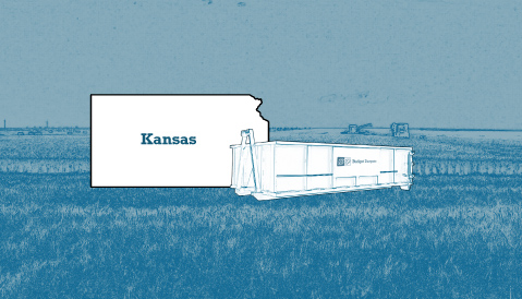Outline of the State of Kansas and a Budget Dumpster Over an Illustrated Landscape Photograph
