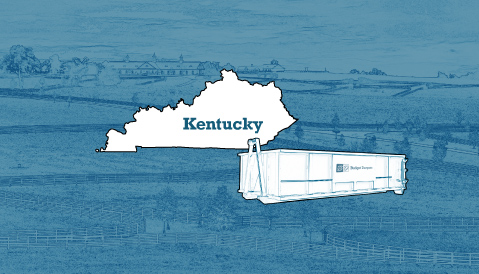 Outline of the State of Kentucky and a Budget Dumpster Over an Illustrated Landscape Photograph