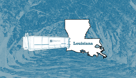 Outline of the State of Louisiana and a Budget Dumpster Over an Illustrated Landscape