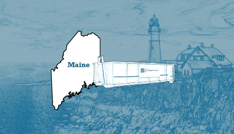 Outline of the State of Maine and a Budget Dumpster Over an Illustrated Landscape Photograph