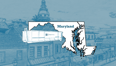 Outline of the State of Maryland and a Budget Dumpster Over an Illustrated Cityscape