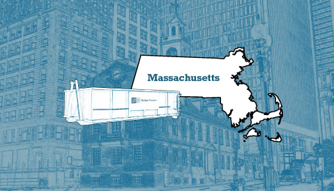 Outline of the State of Massachusetts and a Budget Dumpster Over an Illustrated Cityscape