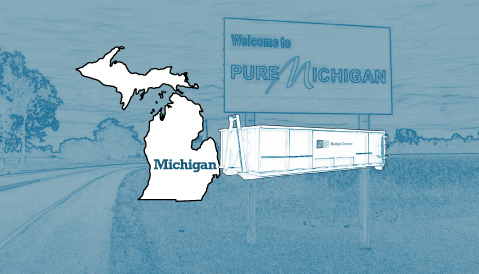 Outline of the State of Michigan and a Budget Dumpster Over an Illustrated Photograph of a Michigan Highway