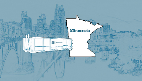 Outline of the State of Minnesota and a Budget Dumpster Over an Illustrated Cityscape