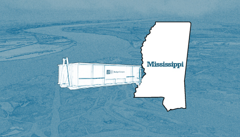Outline of the State of Mississippi and a Budget Dumpster Over an Illustrated Landscape Photograph