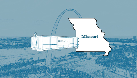 Outline of the State of Missouri and a Budget Dumpster Over an Illustrated Photograph of the St. Louis Arch