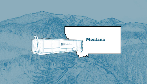 Outline of the State of Montana and a Budget Dumpster Over an Illustrated Landscape Photograph
