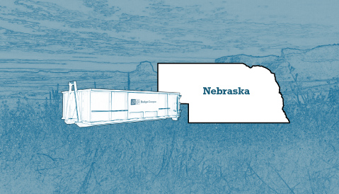 Outline of the State of Nebraska and a Budget Dumpster Over an Illustrated Landscape Photograph