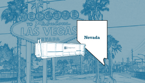 Outline of the State of Nevada and a Budget Dumpster Over the Las Vegas Sign