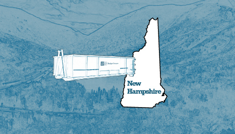 Outline of the State of New Hampshire and a Budget Dumpster Over an Illustrated Landscape Photograph