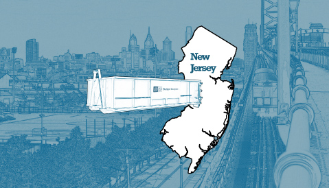 Outline of the State of New Jersey and a Budget Dumpster Over an Illustrated Cityscape