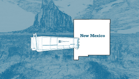 Outline of the State of New Mexico and a Budget Dumpster Over an Illustrated Landscape Photograph