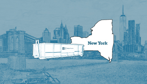 Outline of the State of New York and a Budget Dumpster Over an Illustrated Cityscape