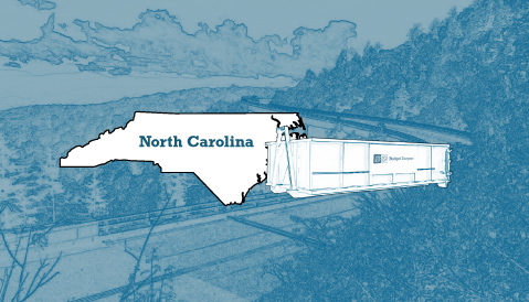 Outline of the State of North Carolina and a Budget Dumpster Over an Illustrated Photograph of a Highway