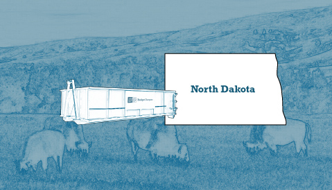 Outline of the State of North Dakota and a Budget Dumpster Over an Illustrated Landscape Photograph