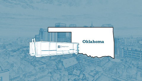 Outline of the State of Oklahoma and a Budget Dumpster Over an Illustrated Cityscape