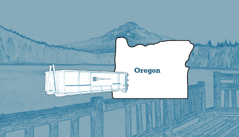 Outline of the State of Oregon and a Budget Dumpster Over an Illustrated Landscape Photograph
