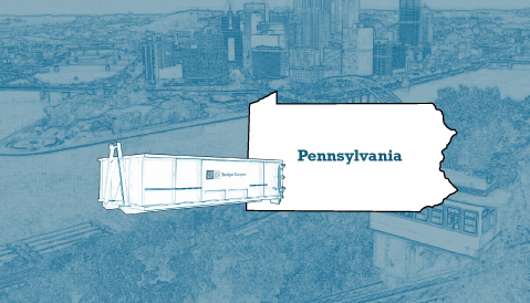 Outline of the State of Pennsylvania and a Budget Dumpster Over an Illustrated Cityscape